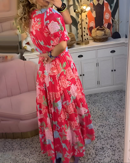 Womens Boho Floral Printed Wrap V Neck Button Maxi Dress Summer Flowy Puff Short Sleeve Slit Hem Beach Long Dress - Seldom Seen Styles