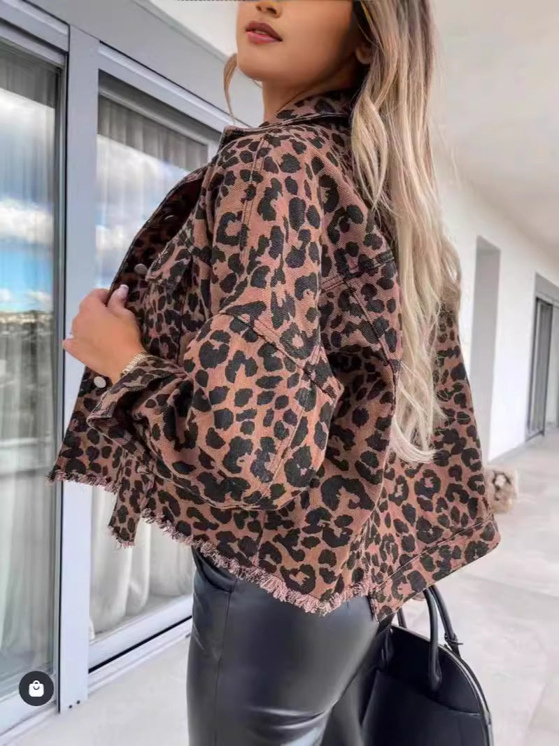 Women's Leopard Print Denim Jacket Long Sleeve Animal Printed Raw Hem Button Down Cropped Jean Coat Outerwear - Seldom Seen Styles