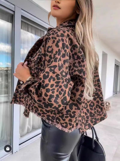 Women's Leopard Print Denim Jacket Long Sleeve Animal Printed Raw Hem Button Down Cropped Jean Coat Outerwear - Seldom Seen Styles