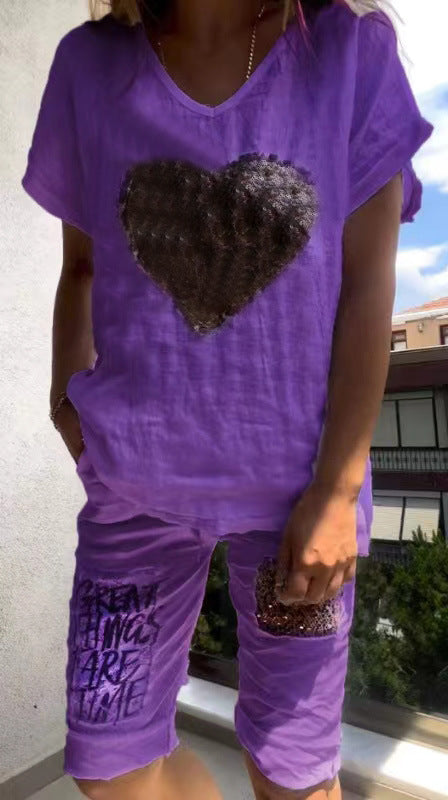 Linen Outfits Women 2 Piece Heart Sequins V-Neck Short Sleeve Top Loose Knee Length Pants 2025 Casual Set - Seldom Seen Styles