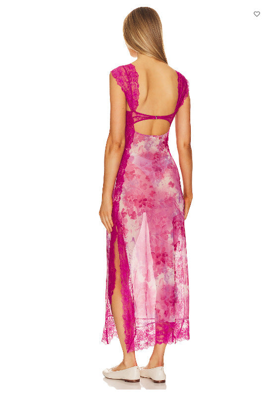 Suddenly Fine Maxi Slip Lace Backless Strap Splicing Slit Floral Long Dress Women's Fashion