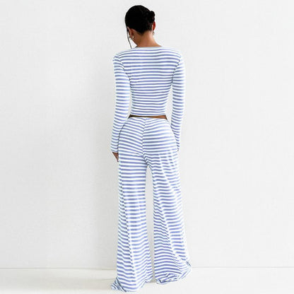 Women's Slouchy Square Neck Stripe Long Sleeve Crop Top & Low-Rise Wide Leg Trousers Co-ord, Minimalist Two Piece Outfits, Cozy Womenswear - Seldom Seen Styles