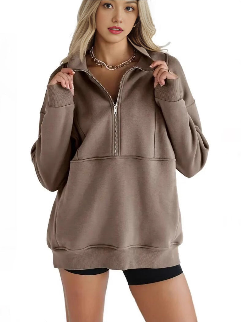 Women's Half Zip Sweatshirts Fleece Stand Collar Long Sleeve Thumb Hole Oversized Pullovers with Pockets - Seldom Seen Styles