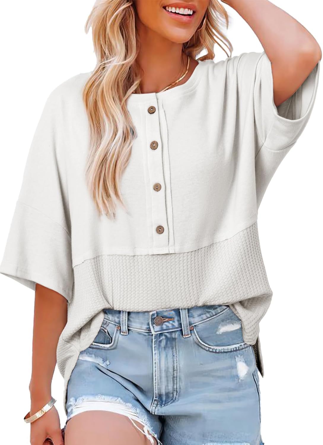 Womens Waffle Knit Tops 2025 Fashion 3/4 Sleeve Casual Button Down Shirts Crew Neck Oversized Patchwork Blouses - Seldom Seen Styles