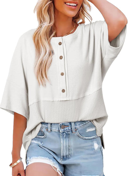 Womens Waffle Knit Tops 2025 Fashion 3/4 Sleeve Casual Button Down Shirts Crew Neck Oversized Patchwork Blouses - Seldom Seen Styles