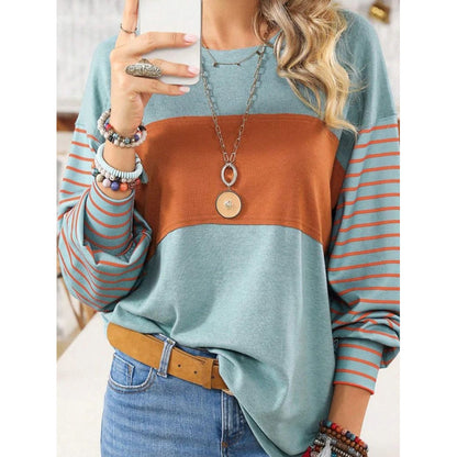 Long Sleeve Fall Tops Oversized 2025 Trendy Round Crew Neck Casual Color Block Womens Shirts Blouses - Seldom Seen Styles
