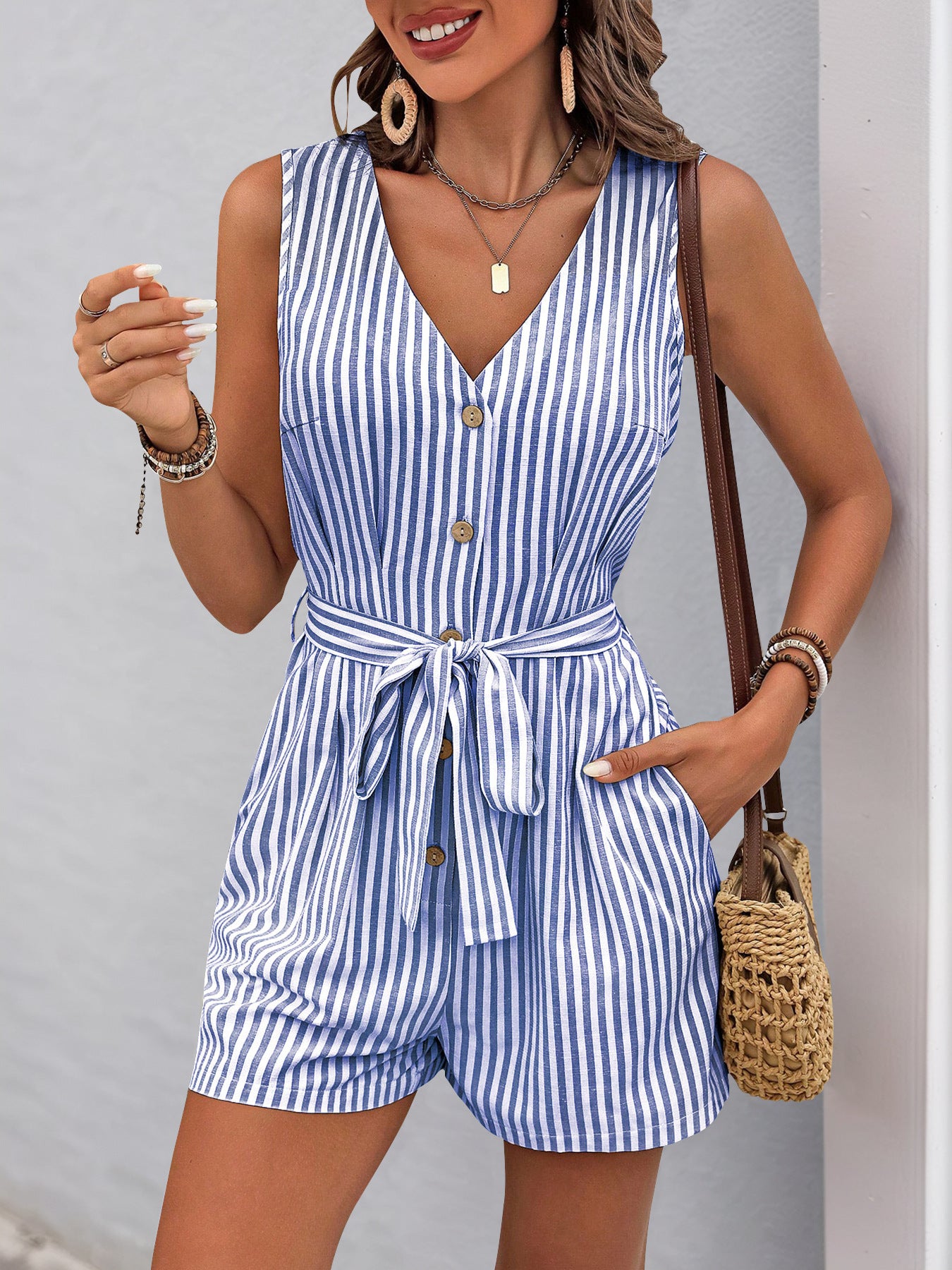 Women's Romper Woven V Neck Sleeveless Waist Tie Wide Leg Stripes Belted Jumpsuit Outfit Casual Dressy