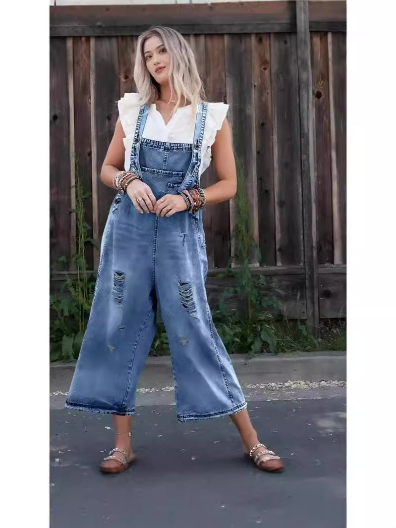 Women's Denim Overalls Casual Jumpsuits Loose Fit Adjustable Strap Distressed Bib Jeans Overall Jumpsuits - Seldom Seen Styles