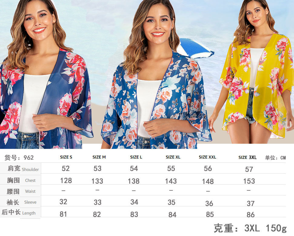 Women's Beach Cover up Swimsuit Kimono with Bohemian Floral Print, Loose Casual Resort Wear - Seldom Seen Styles