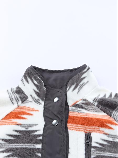 Women's Geometric Print Pocket Button Front Zipper Stand Collar Polar Fleece Jacket, Casual Long Sleeve Outerwear For Fall & Winter, Women's Clothes For Daily Wear - Seldom Seen Styles