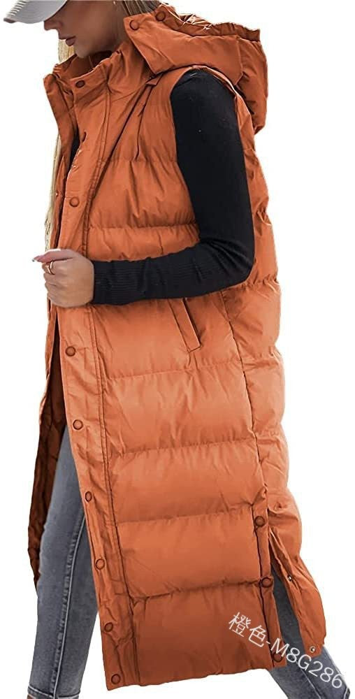Women's Long Puffer Vest with Quilted Hood and Button Down Closure for Winter Coat 2025 - Tops, Womenswear - Seldom Seen Styles