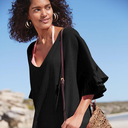 Womens Swimsuit Coverup V Neck Bathing Suit Beach Dress Sexy Ruffle Sleeves Bikini Cover Up Loose Top - Seldom Seen Styles