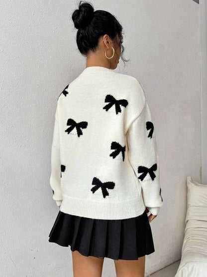 Fashion Bow Print Casual Loose Knitted Sweater Pullover Autumn/Winter Women Pullovers New Full Sleeve Knitwear - Seldom Seen Styles