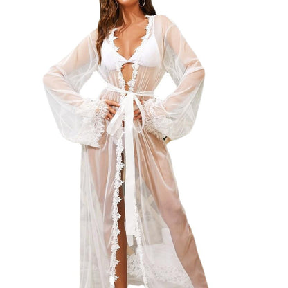 Lingerie for Women Sexy Long Lace Kimono Robe Mesh Chemise Lace Gown Swimsuit Cover Up - Seldom Seen Styles