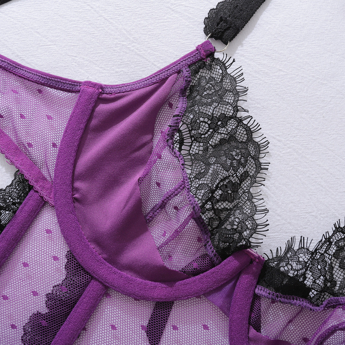 Sexy Color-Block Mesh See-Through Lingerie Hollow Out Backless No-Remove Temptation Erotic Bodysuit with Underwire