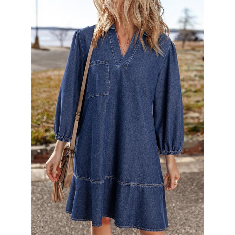 Denim Dress for Women Fashion Fall Casual Babydoll 2025 V Neck 3/4 Puff Sleeve Jean Dresses - Seldom Seen Styles