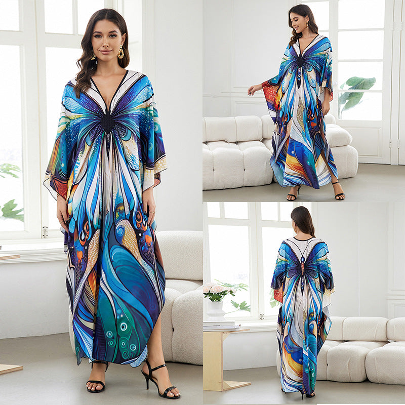 [Plus Size] Butterfly/feather Print Ruched Split Hem Tunic Dress, Valentine's Day Elegant Batwing Sleeve V Neck Long Dress for Summer, Casual Womenswear, Gift, Homecoming Dresses, Women's Clothes for Beach Holiday Vacation, Moo Moo Dresses