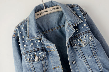 Women's Fashion Loose Embroidered Pearls Beading Cropped Denim Jacket Jean Coat - Seldom Seen Styles