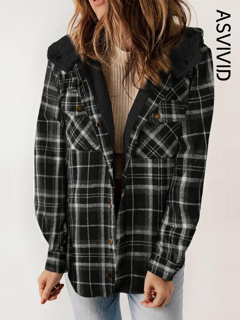 Women's Plaid / Houndstooth Print Button Front Hooded Coat, Casual Long Sleeve Pocket Coat for Fall & Winter, Ladies Outerwear for Daily Wear - Seldom Seen Styles
