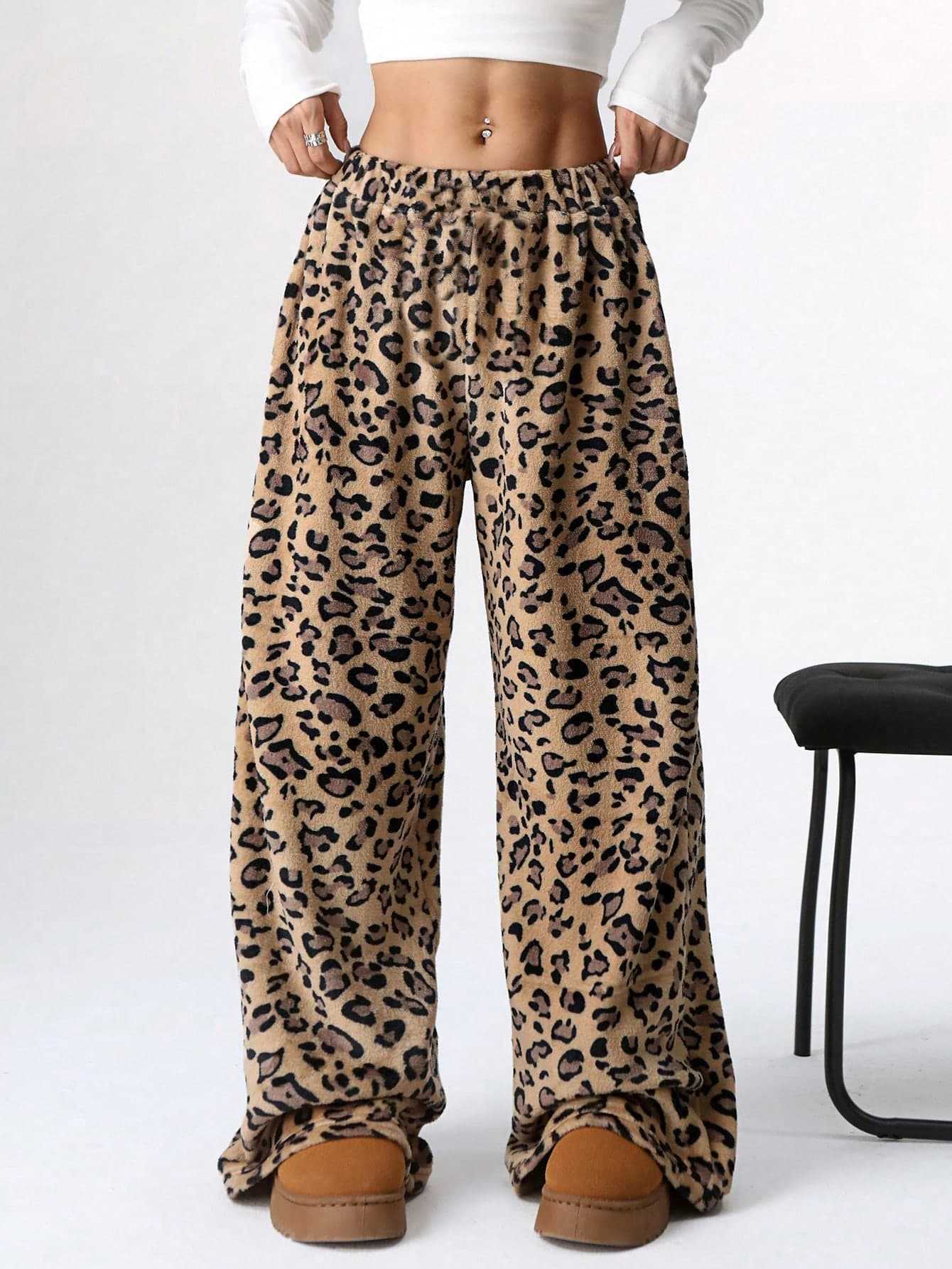 Women's Leopard Print Bow Decor Wide Leg Pants, Casual Comfy Trousers for Daily Wear, Ladies Bottoms for Fall & Winter - Seldom Seen Styles