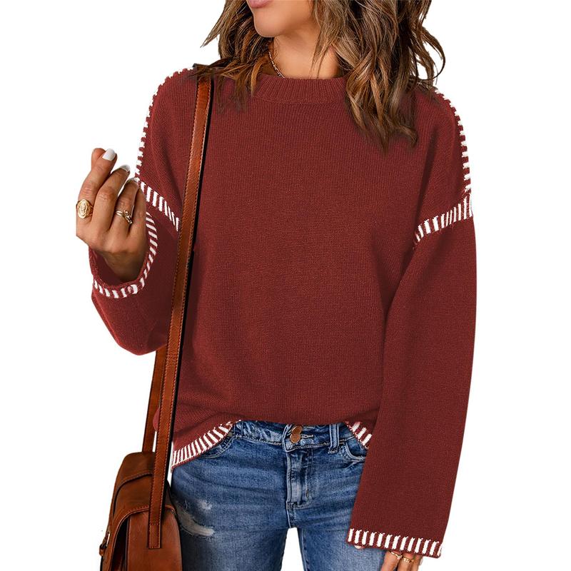 Sweaters for Women Fashion Solid Crewneck Loose Fit Long Sleeve Contrast Cable Knit Pullover Sweater Jumper Tops Knitwear Womenswear Knitwear Womenswear - Seldom Seen Styles