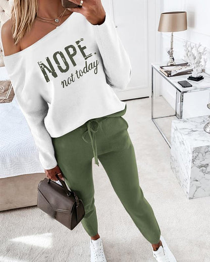 Women's 2 Piece Outfit Nope Not Today Print Skew Neck Long Sleeve Pullover Top with Stretchy Waist Long Pants Tracksuit Jogger Set - Seldom Seen Styles