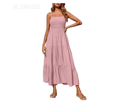Women's Summer Midi Dress 2025 Casual Boho Sleeveless Spaghetti Strap Smocked Tiered Long Beach Sundresses