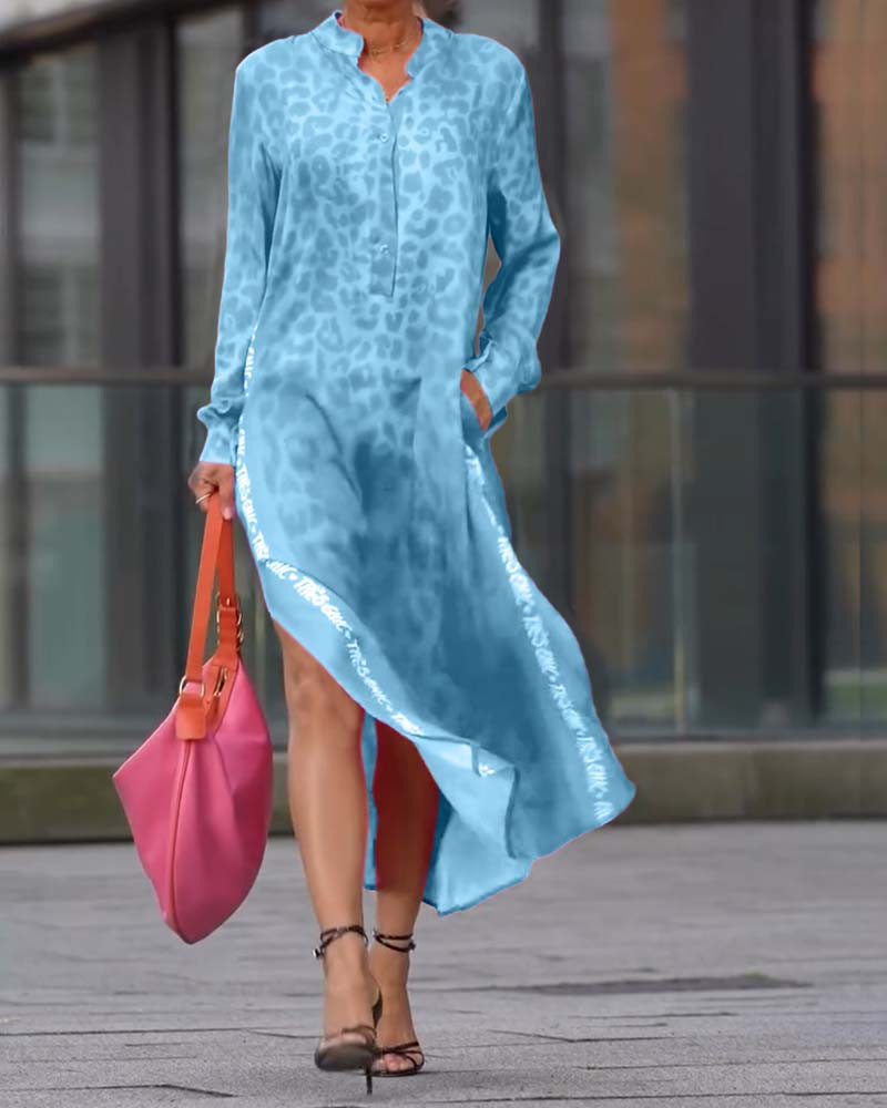 Women's Leopard Print Long Sleeve Split Maxi Dress V Neck Button Flowy Long Dress with Pockets Fashion Streetwears - Seldom Seen Styles