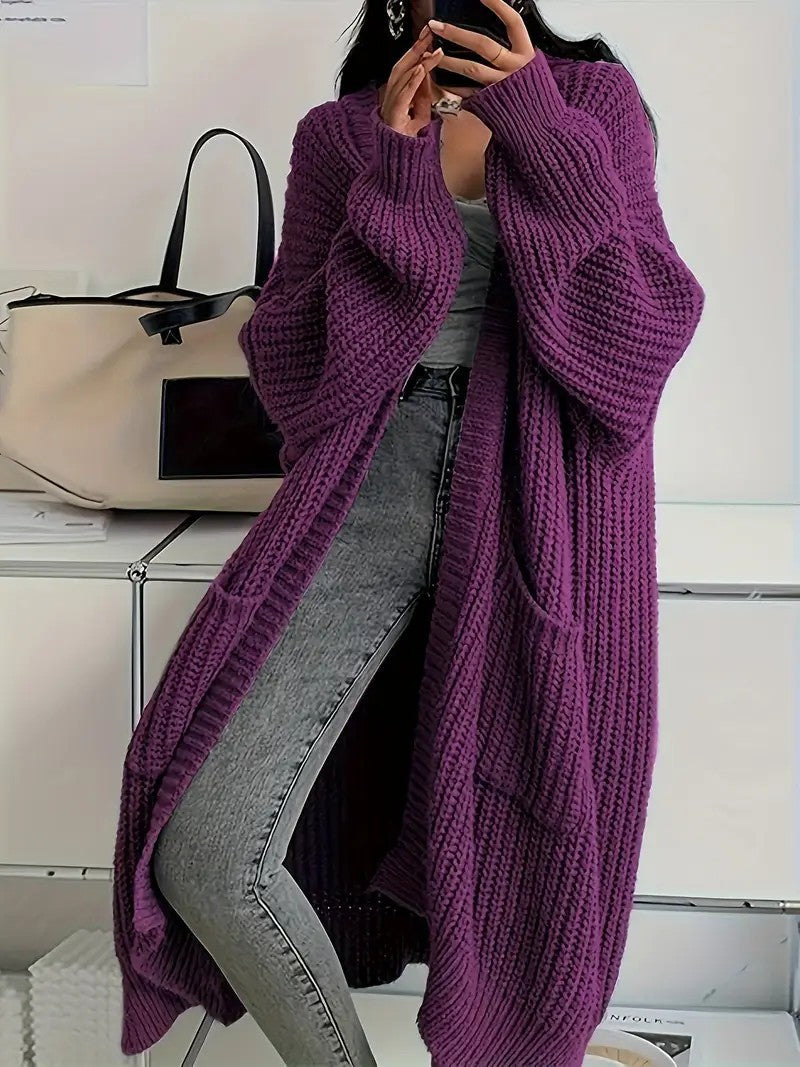 Women's Solid Drop Shoulder Long Cardigan, Casual Pocket Longsleeves Cardigan, Ladies Knitwear for Spring & Fall Daily Wear, Sweaters for Women, Knitting Womenswear - Seldom Seen Styles