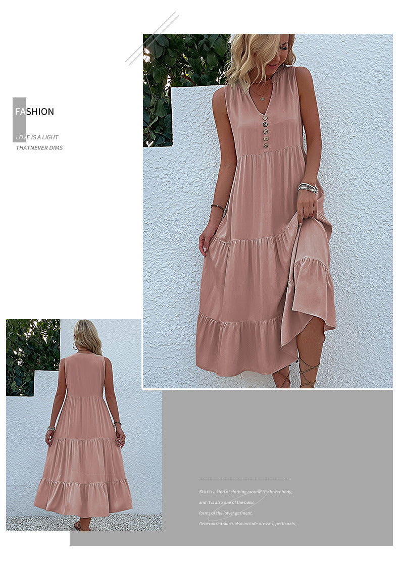 Summer Flowy Maxi Dress with Pockets Sleeveless Loose Casual Sundress V-Neck Tiered Sun Dress for Beach Cruise Vacations