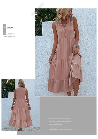 Summer Flowy Maxi Dress with Pockets Sleeveless Loose Casual Sundress V-Neck Tiered Sun Dress for Beach Cruise Vacations