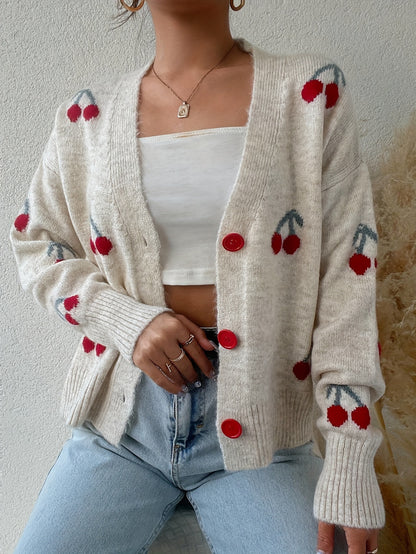 Women's Cherry Pattern Button Front Knitting Longsleeves Cardigan, Casual Elegant Long Sleeve Sweater Cardigan for Fall &amp; Winter, Women's Knit Clothing for Daily Wear, Cardigan for Women, Women's Cardigan, Womenswear, Knitwear, Clothe - Seldom Seen Styles