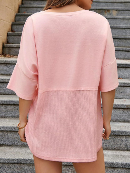 Womens Waffle Knit Tops 2025 Fashion 3/4 Sleeve Casual Button Down Shirts Crew Neck Oversized Patchwork Blouses - Seldom Seen Styles