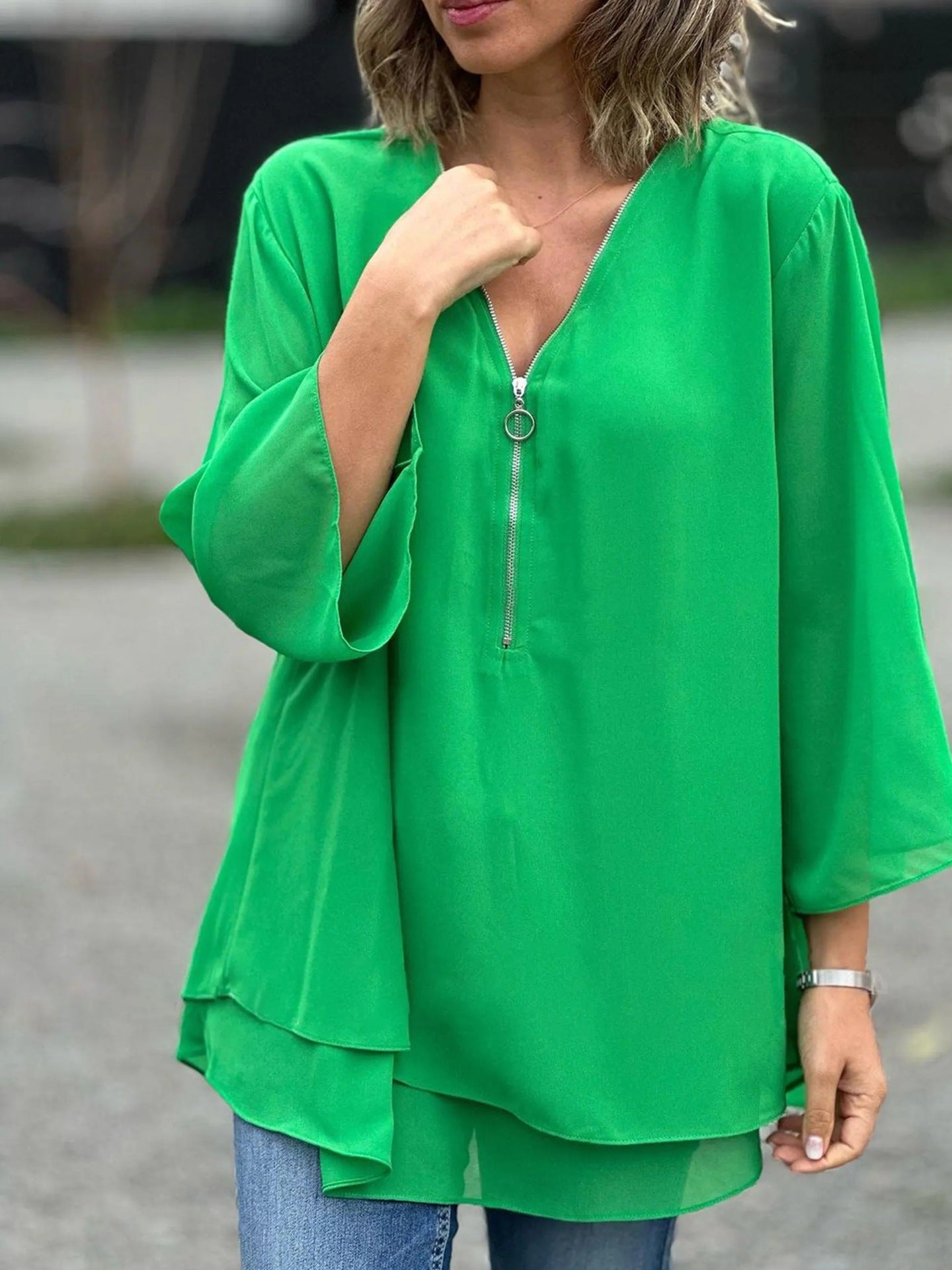 Womens V-Neck Lantern Sleeve Blouse Zipper Design Loose Casual Top Shirts - Seldom Seen Styles