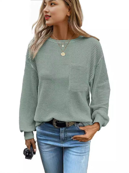 Womens Waffle Knit Tops 2025 Oversized Long Sleeve Crewneck Shirts Business Casual Blouses Basic Shirts - Seldom Seen Styles