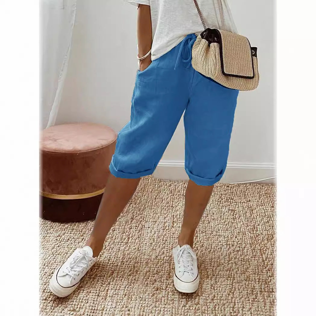 Womens Cotton Linen Shorts Knee Length Drawstring Elastic Waist Summer Casual Gym Going Out Shorts with Pockets - Seldom Seen Styles