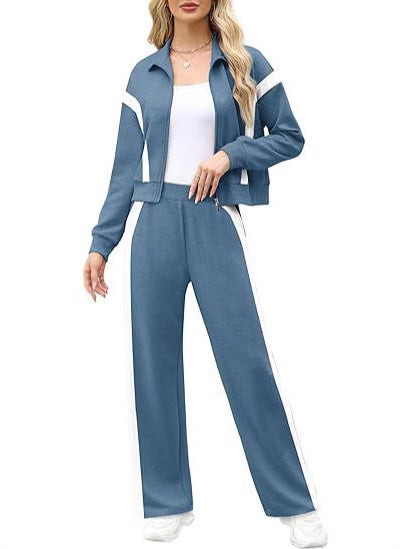Women's 2 Piece Lounge Outfits Zip Up Sweat Set Contrast Striped Wide Leg Jogging Pants Travel Track Suit - Seldom Seen Styles