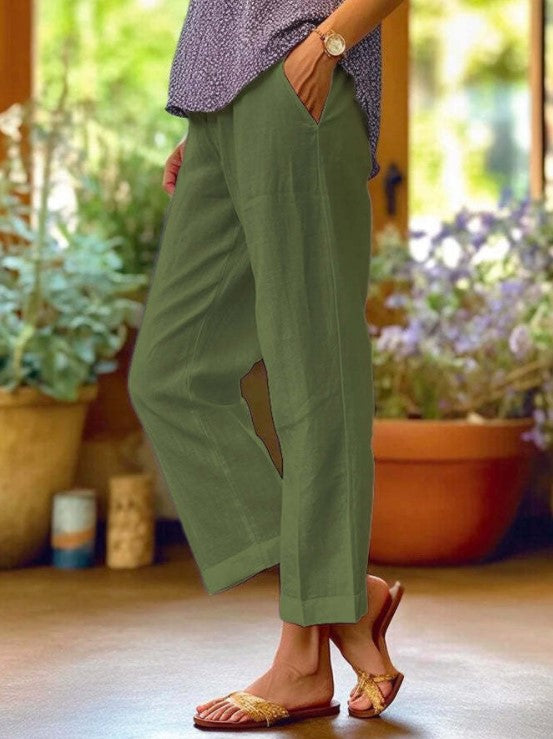 2024Cross-Border Amazon wish Independent Station Women's Cotton Linen Loose Solid Color Elastic Waist Pocket Straight Casual Pants - Seldom Seen Styles