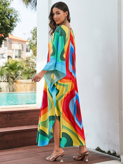 [Plus Size] Butterfly/feather Print Ruched Split Hem Tunic Dress, Valentine's Day Elegant Batwing Sleeve V Neck Long Dress for Summer, Casual Womenswear, Gift, Homecoming Dresses, Women's Clothes for Beach Holiday Vacation, Moo Moo Dresses