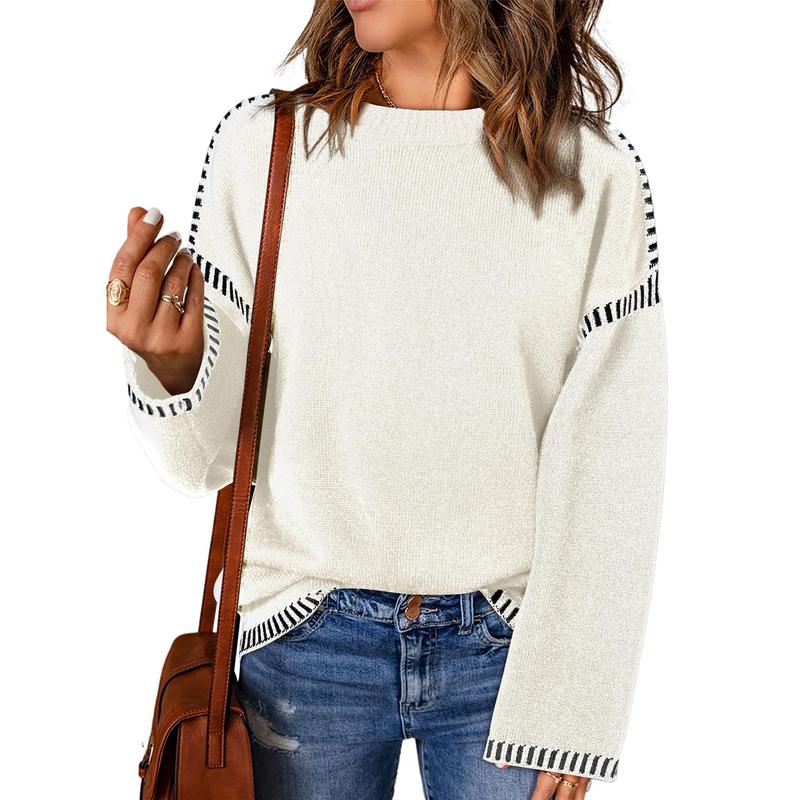 Sweaters for Women Fashion Solid Crewneck Loose Fit Long Sleeve Contrast Cable Knit Pullover Sweater Jumper Tops Knitwear Womenswear Knitwear Womenswear - Seldom Seen Styles