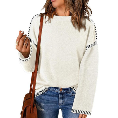 Sweaters for Women Fashion Solid Crewneck Loose Fit Long Sleeve Contrast Cable Knit Pullover Sweater Jumper Tops Knitwear Womenswear Knitwear Womenswear - Seldom Seen Styles