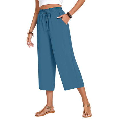 Women's Capri Pants Drawstring Casual Palazzo Trousers with Pockets Loose High Waisted Wide Leg Lounge Pants - Seldom Seen Styles