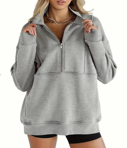 Women's Half Zip Sweatshirts Fleece Stand Collar Long Sleeve Thumb Hole Oversized Pullovers with Pockets - Seldom Seen Styles