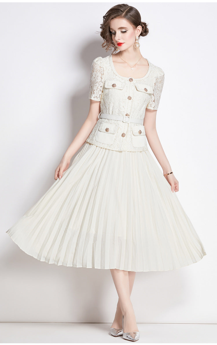 Bella Lace Patchwork Pleated Midi Dress  Patchwork Mid-Length Pleated Dress