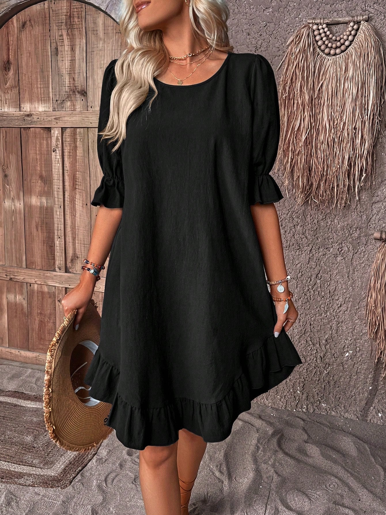 Solid Puff Sleeve Ruffle Hem Smock Dress - Seldom Seen Styles