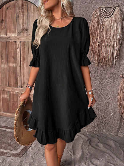 Solid Puff Sleeve Ruffle Hem Smock Dress - Seldom Seen Styles