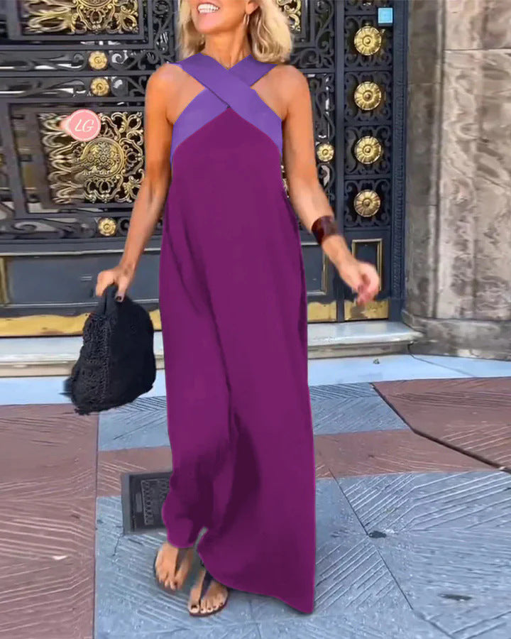 Women's Cross Halter Neck Sleeveless Stitching Dress - Seldom Seen Styles