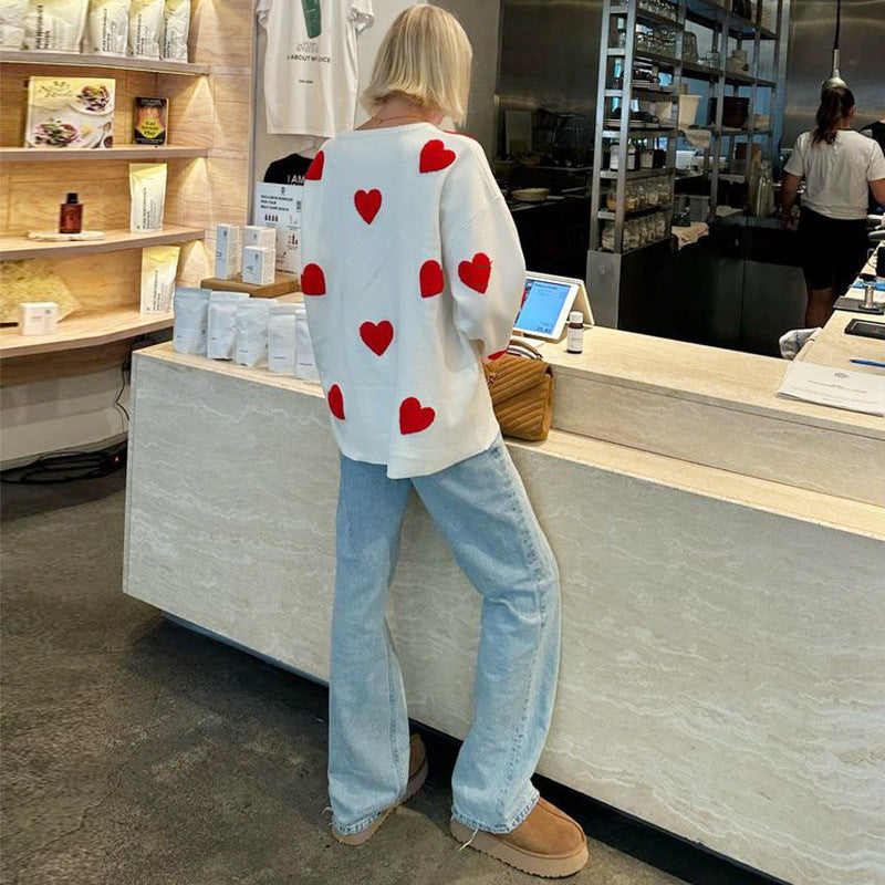 Women's Spring Heart Print Long Sleeve Crewneck Knitting Jumper, Comfort Round Neck Sweater for Daily Streetwear, Tiktop Shop, Lady's Top for Spring - Seldom Seen Styles