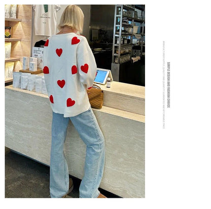 Women's Spring Heart Print Long Sleeve Crewneck Knitting Jumper, Comfort Round Neck Sweater for Daily Streetwear, Tiktop Shop, Lady's Top for Spring