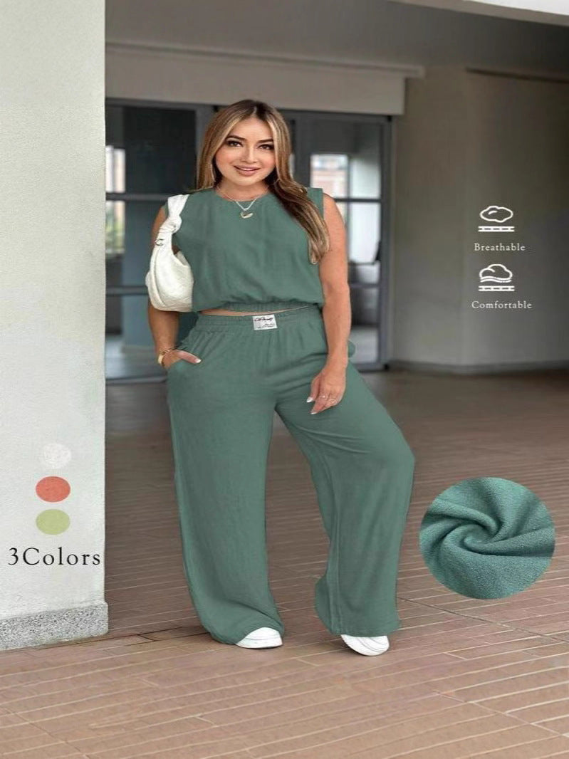 Two-Piece Set Women's Solid Color Tank Top & Wide Leg Pants Set, Casual Fashion Cozy Breathable Two-piece for Daily Outdoor Wear, Ladies Clothes for Summer, Suits - Seldom Seen Styles